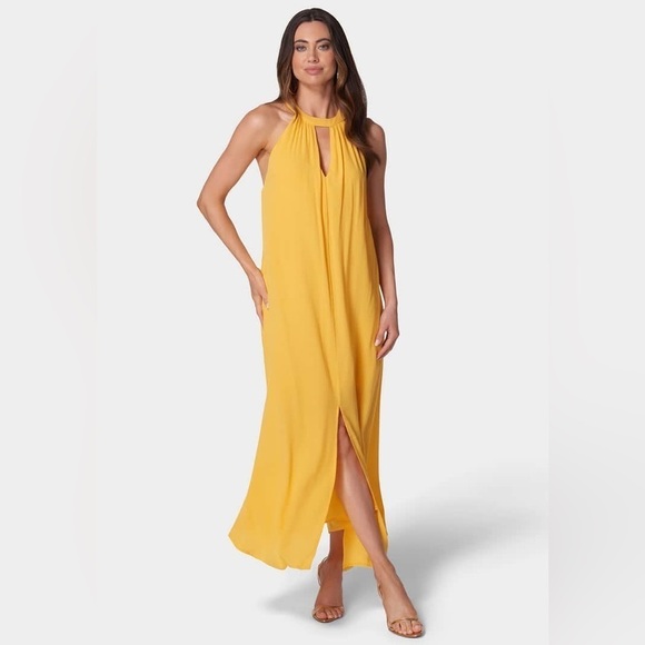 Bebe Strappy Trapeze Back Front Slit Yellow Maxi Dress - Picture 1 of 15